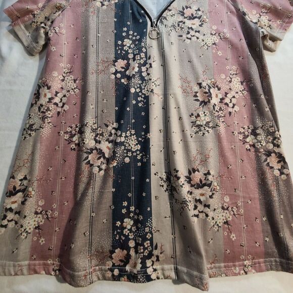 Floral Stripe Blouse XL Multicolor Zipper V-Neck Flowy Short Sleeve Top - Picture 5 of 5